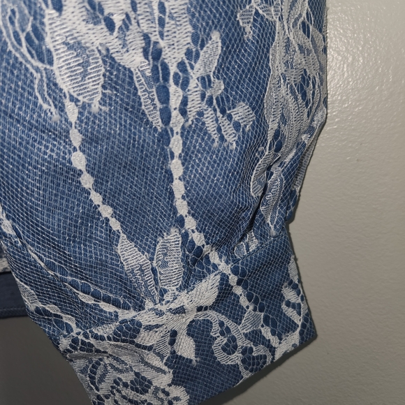 Lace Overlay Blue Medium Button Down Shirt - Picture 4 of 6